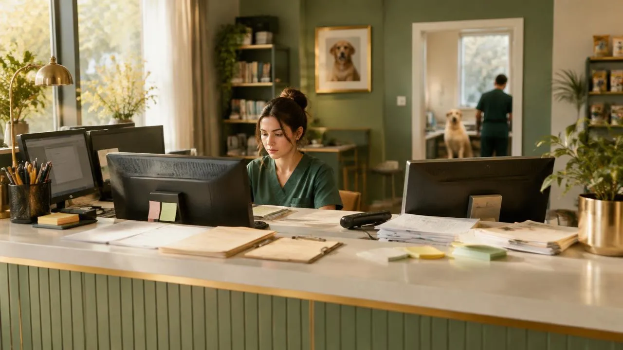 Section 1, fragmentation: a veterinary front-desk team working across several disconnected screens and paper forms