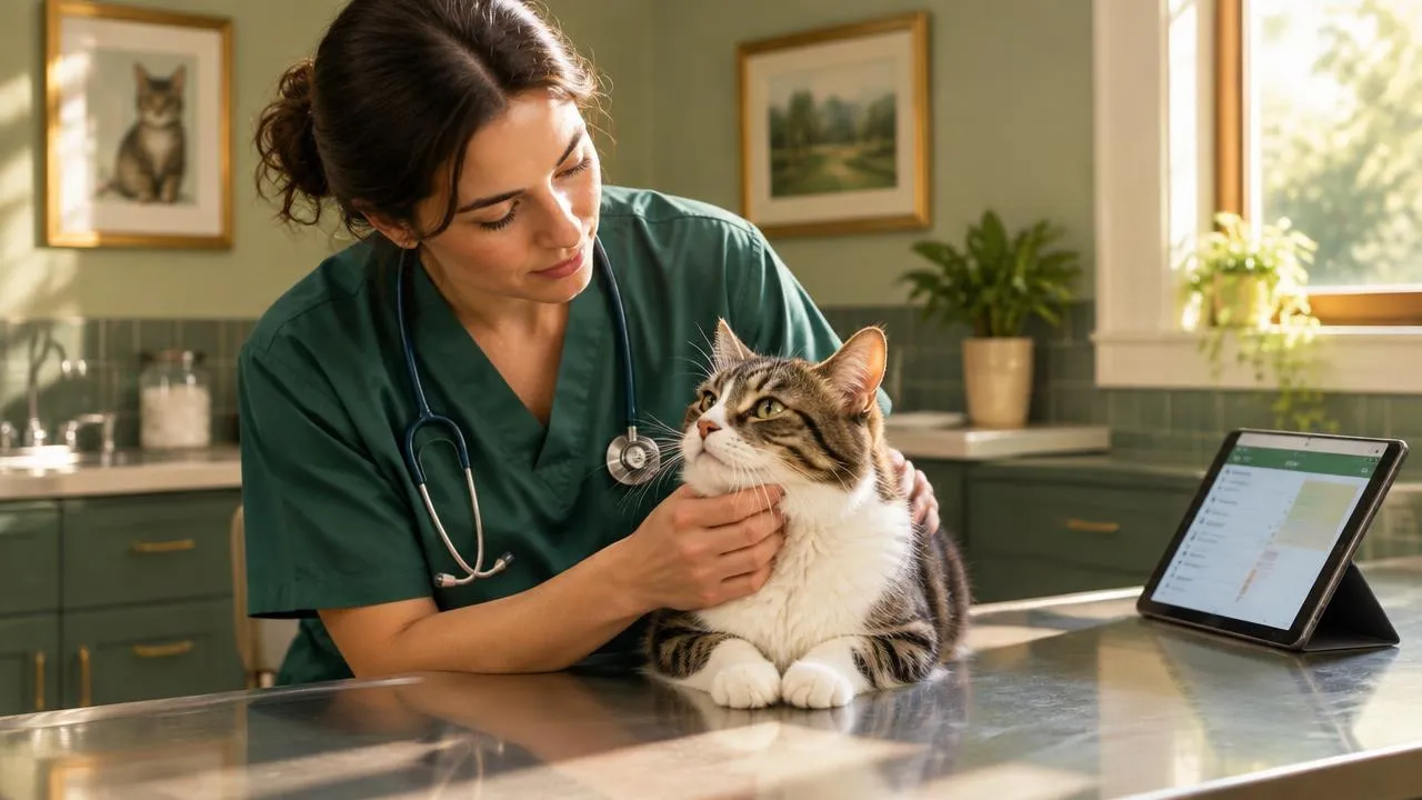 Section 2, the clinical encounter: a veterinarian examining a calm tabby cat with clinical notes open on a nearby tablet