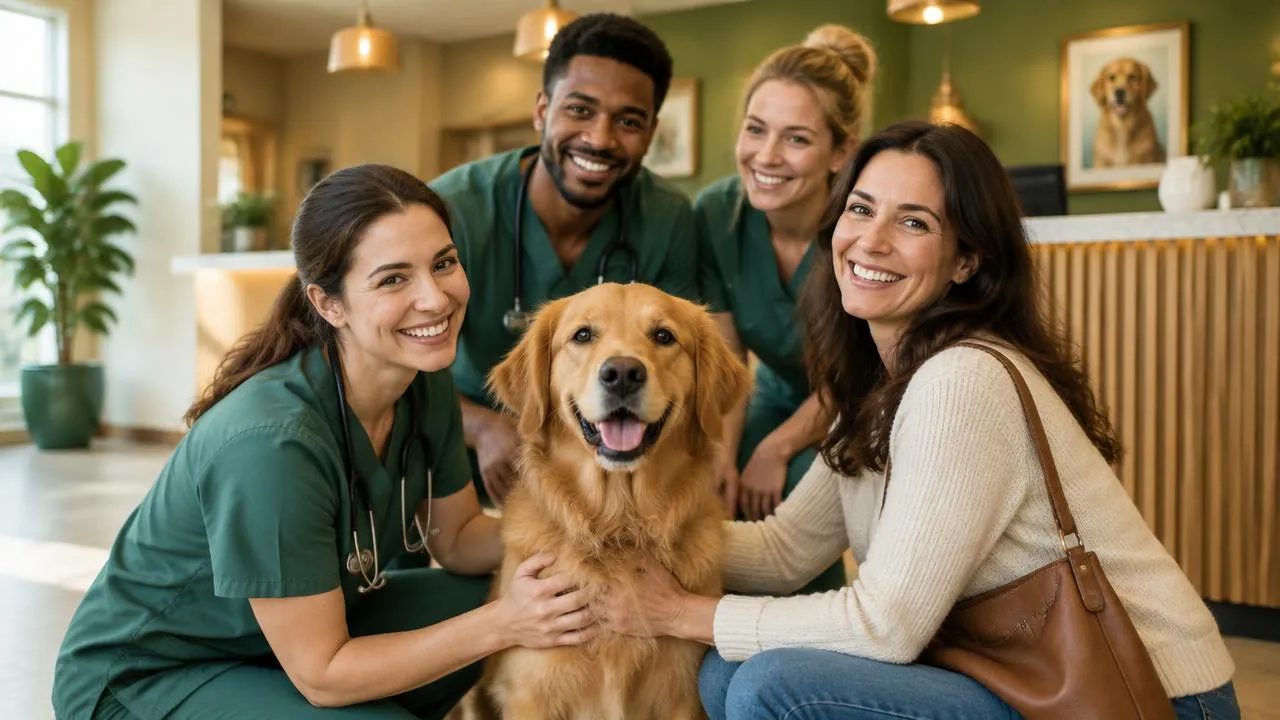 Section 10, what this means for clinics: a smiling veterinary team with a golden retriever and its owner at clinic reception