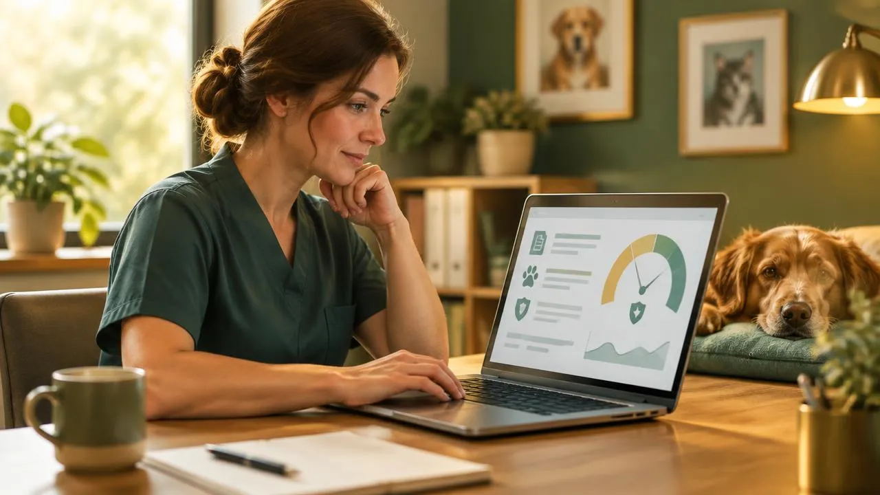 Section 3, explainable claim engines: a practice manager reviewing a claim confidence gauge on a laptop while a dog rests nearby