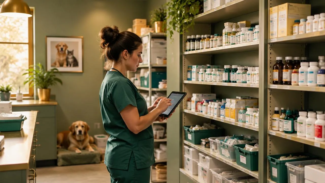 Section 5, scheduling and inventory optimization: a veterinary technician scanning medication shelves with a tablet in an organized storeroom