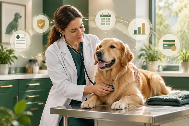 Veterinarian examining a golden retriever within a connected veterinary care and operations workflow.