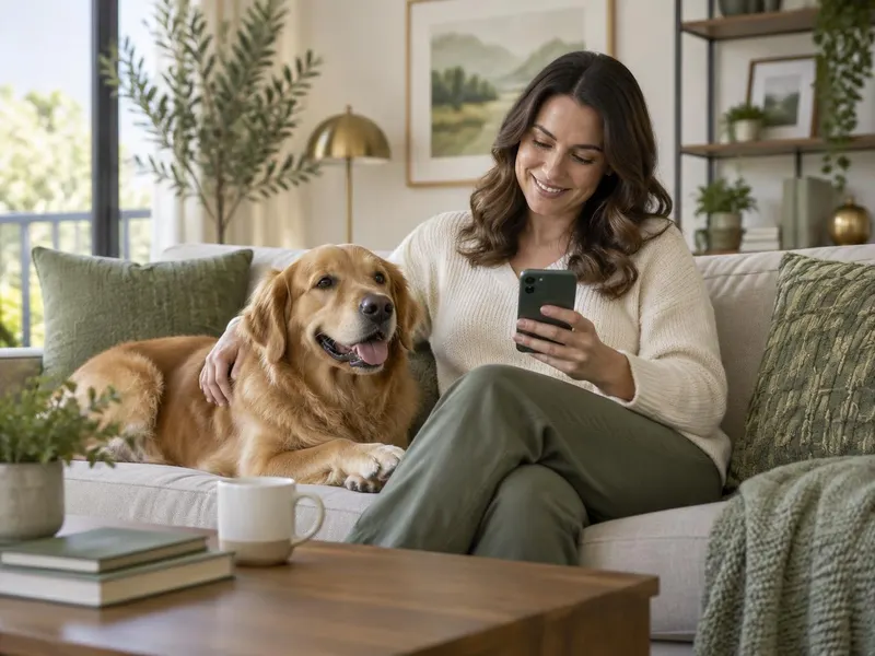 Pet parent viewing care information on a phone while sitting with her dog