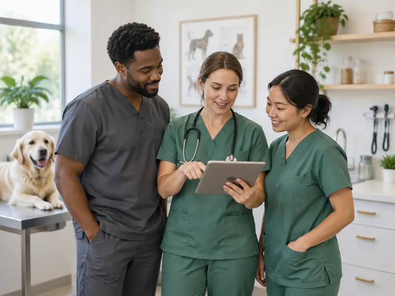 QuillsFlow team members walking a veterinary clinic through a guided product tour on a tablet