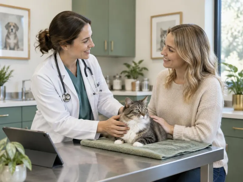 Veterinarian examining a cat while clinical documentation runs on a nearby tablet