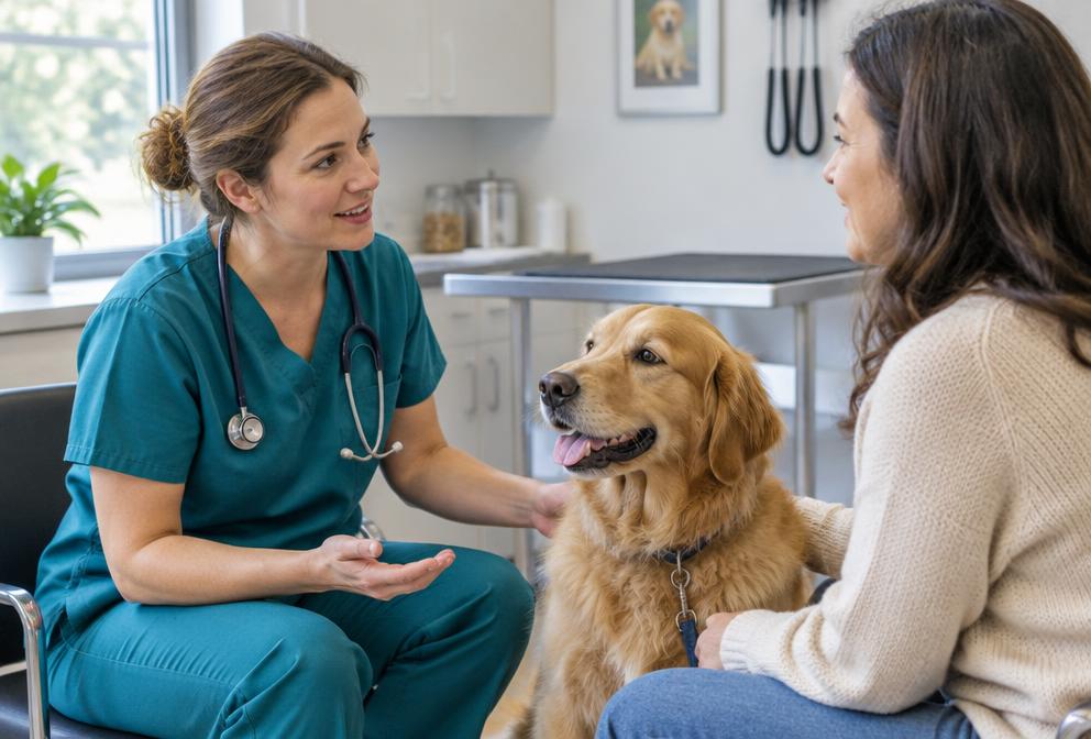 Illustrative image of a veterinarian talking with a pet owner beside their golden retriever in an examination room.