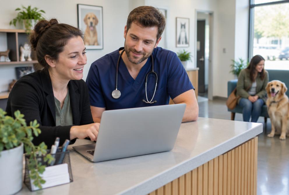 Illustrative image of a veterinary practice manager and veterinarian reviewing information together at a clinic desk.