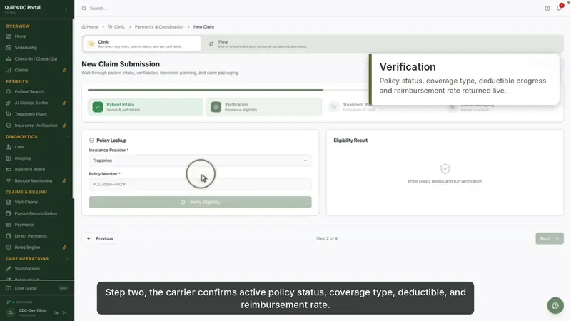 QuillsFlow clinic dashboard shown in the official veterinary practice management software demo