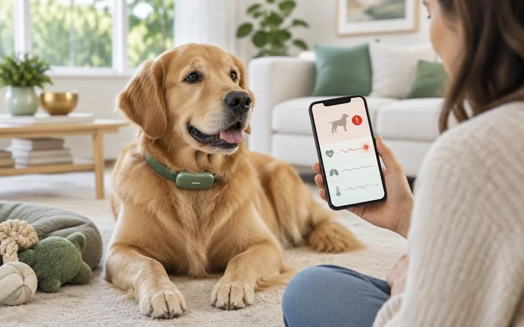 Golden retriever wearing a green health collar beside an owner holding a phone with pet health readings and an alert.