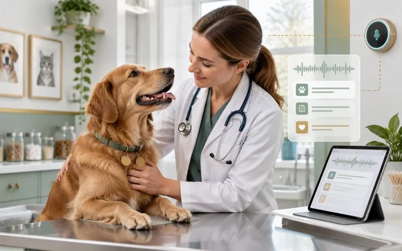 Veterinarian examining a golden retriever beside a tablet displaying a draft clinical note and an illustrated audio waveform