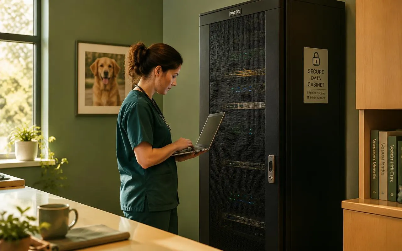 Section 1, owning the model: a veterinary technician checks the clinic's secure, tenant-isolated data cabinet.