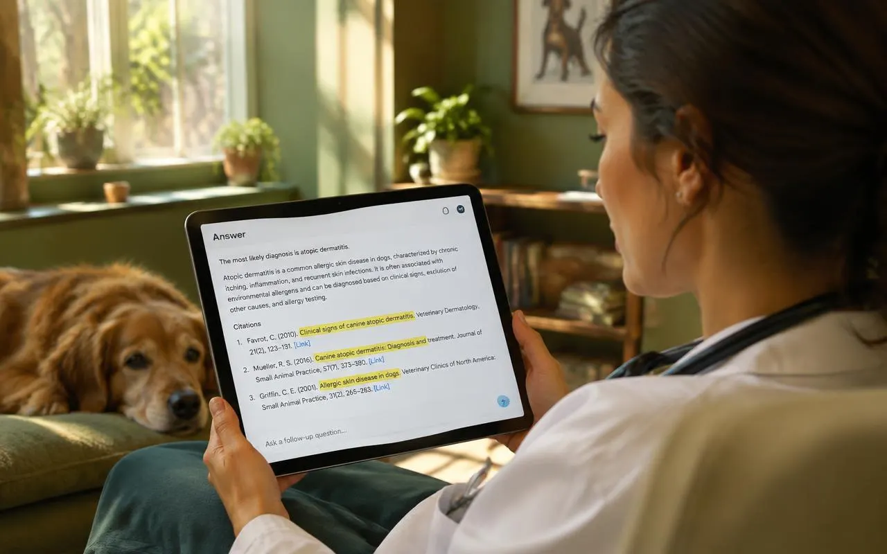 Section 2, answers that cite their sources: a veterinarian reviews an AI answer with highlighted citations while a dog rests nearby.
