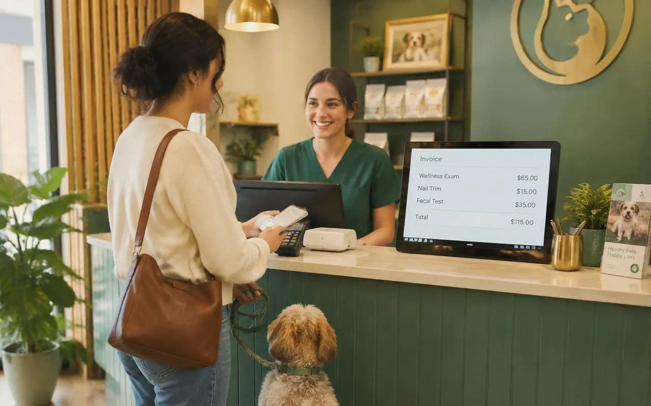 Section 4, from exam room to settled claim: a pet owner pays at the front desk while a receptionist smiles and the invoice shows on screen.