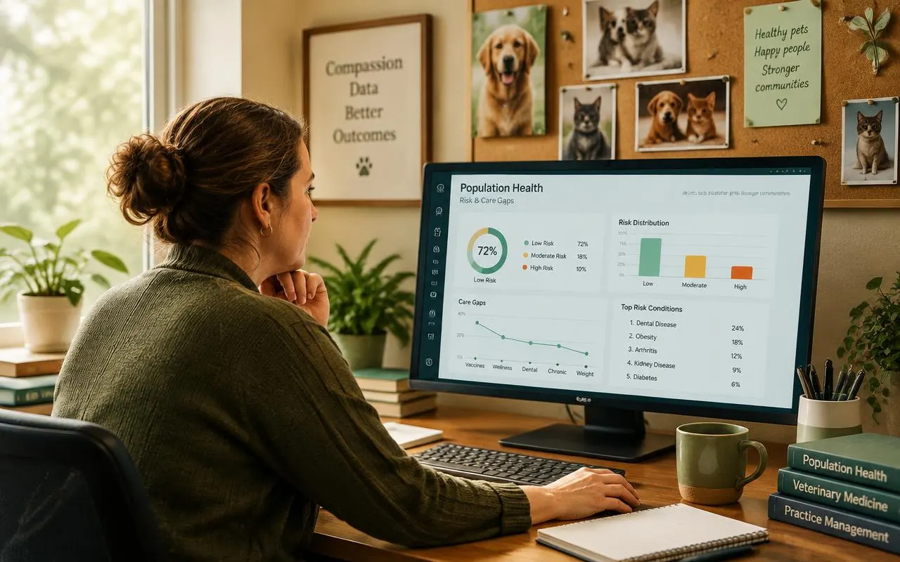 Section 5, predicting the next visit: a practice manager reviews a population health dashboard of risk scores and care gaps.
