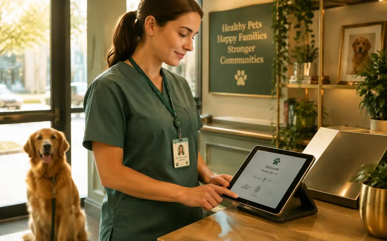 Section 6, engineered for trust: a clinic team member signs in with a badge and fingerprint while a golden retriever waits.