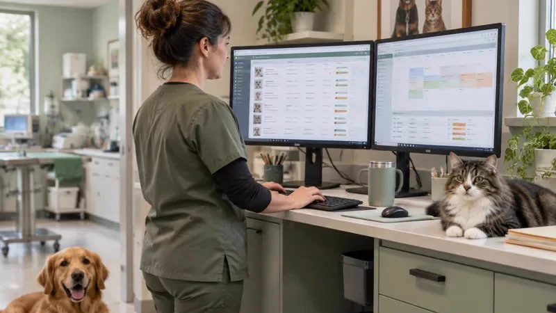 A practice manager in sage scrubs working at a dual-monitor clinic workstation, with a golden retriever on the floor and a cat on the counter